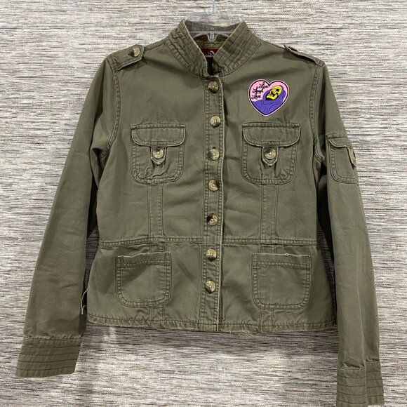 💗Vintage Jordache Olive Utility Jacket Custom “Live Laugh Love” Skeletor Patch - Picture 1 of 8